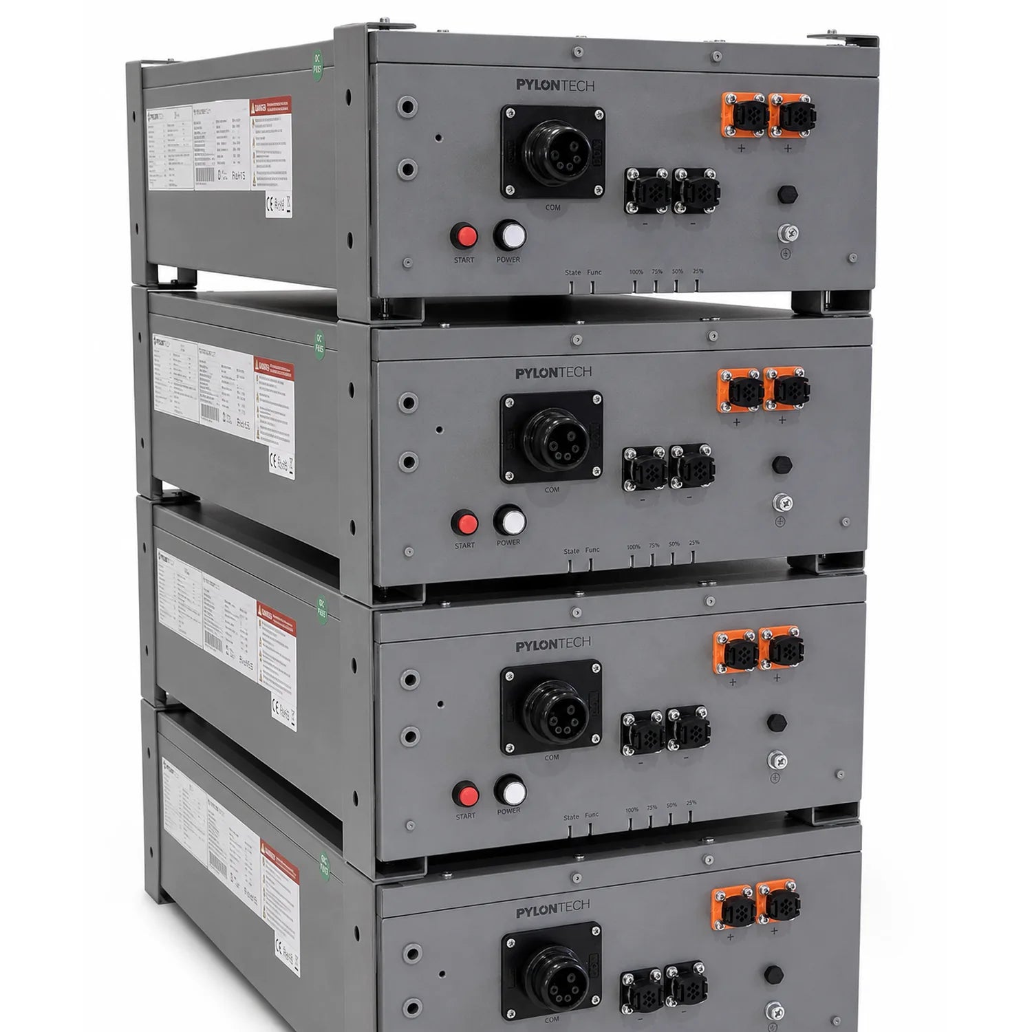 Five stacked gray Pylontech battery units with orange connectors, red start buttons, and white power switches arranged vertic