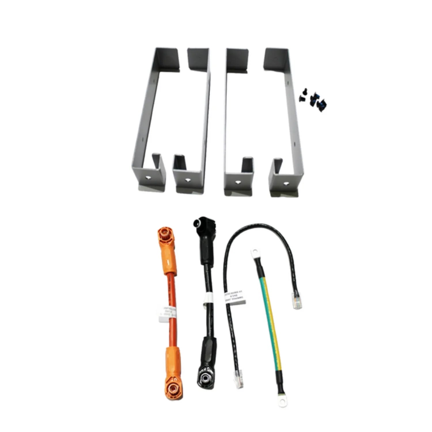 Pylontech battery stacking bracket kit components laid out flat, including four steel brackets with black pads, hardware fast