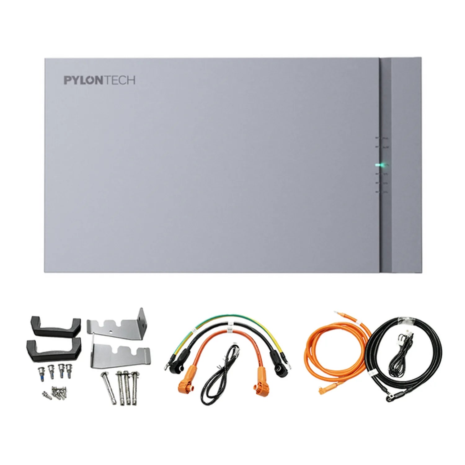 Pylontech Fidus PRO Battery Stacking Bracket Kit showing gray metal unit with green indicator light and included mounting bra