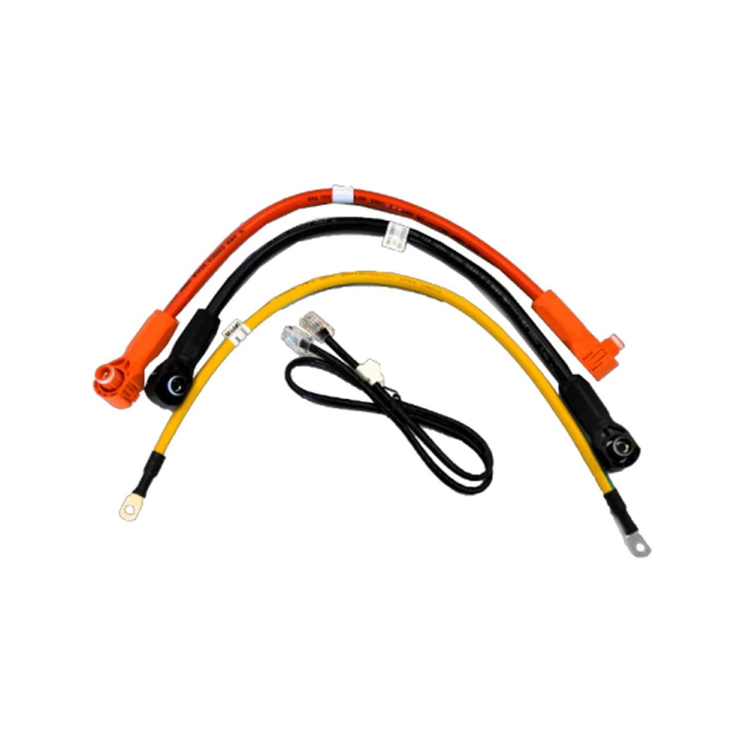 Four-piece battery stacking bracket kit in red, black, and yellow with connectors and cable assemblies displayed on white bac