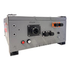 Pylontech control panel with gray metal housing, red start button, power switch, COM connector, orange and black terminal blo