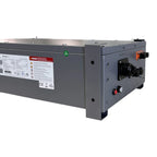 Pylontech Fidus PRO battery unit showing rectangular gray metal case with danger label, QC pass indicator light, and connecto