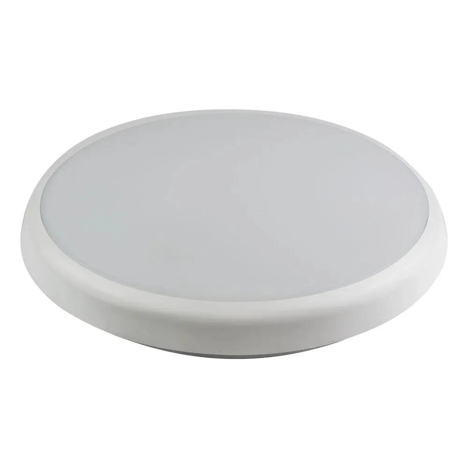 White round LED ceiling light with frosted diffuser and integrated rim, product shot on white background.