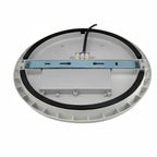 Back view of white oval LED ceiling light fixture showing mounting bracket, wiring terminals, and black rubber gasket seal.