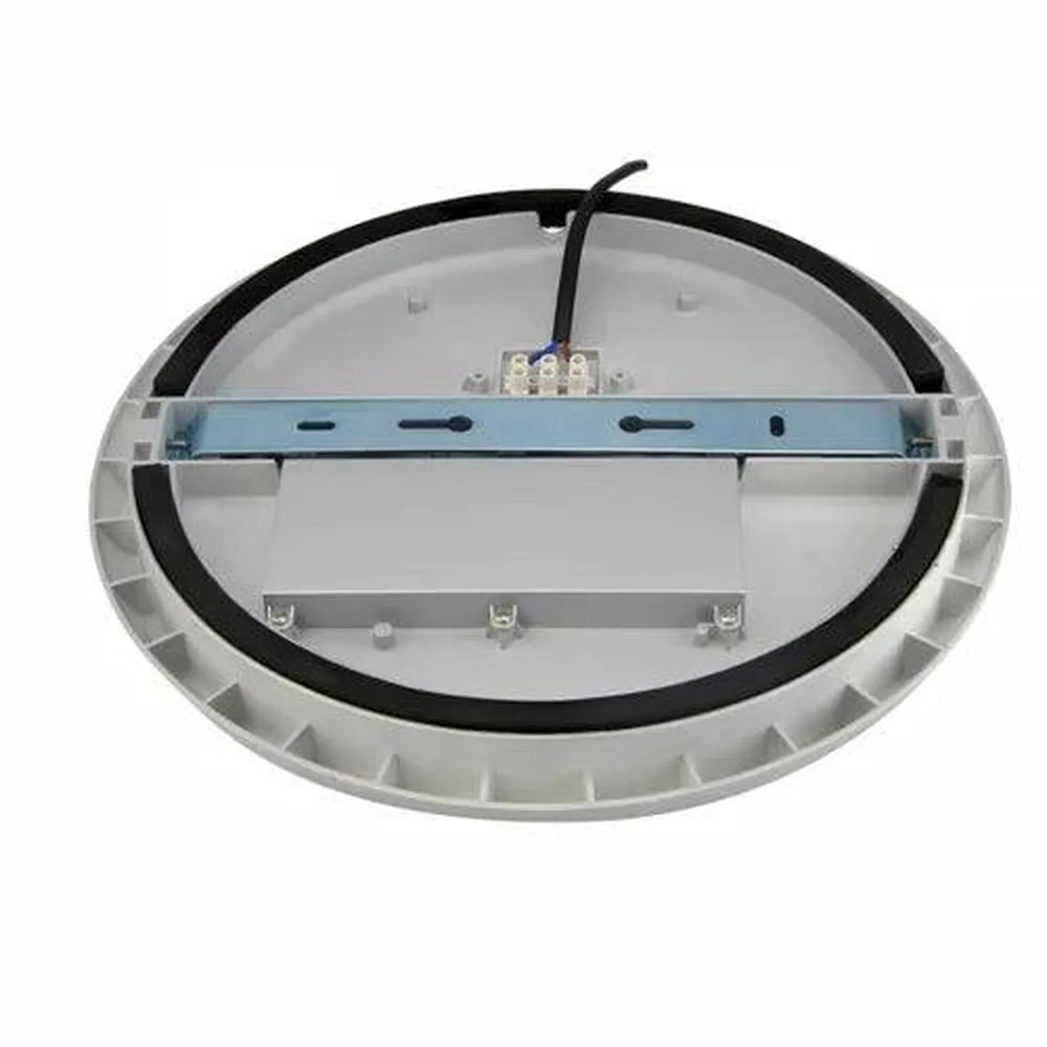 Back view of white oval LED ceiling light fixture showing mounting bracket, wiring terminals, and black rubber gasket seal.