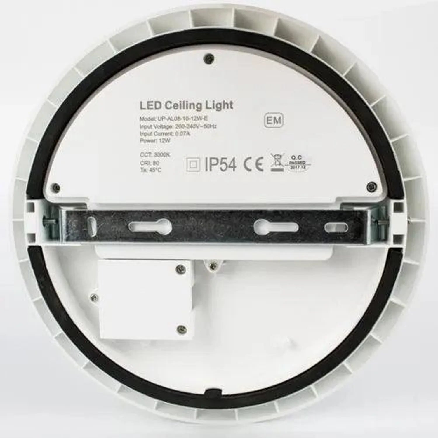 Rear view of white circular LED ceiling light showing specifications label, mounting bracket, and installation slots.