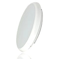 White circular LED ceiling light with frosted diffuser, shown at an angle against white background.