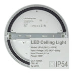 Back view of round LED ceiling light showing specifications label and mounting hardware, model UP-AL08-12-18W-E, 18W, IP54 ra