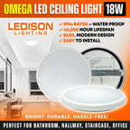 Omega 18W LED ceiling light product display showing front and back views with installation room setting and specifications.