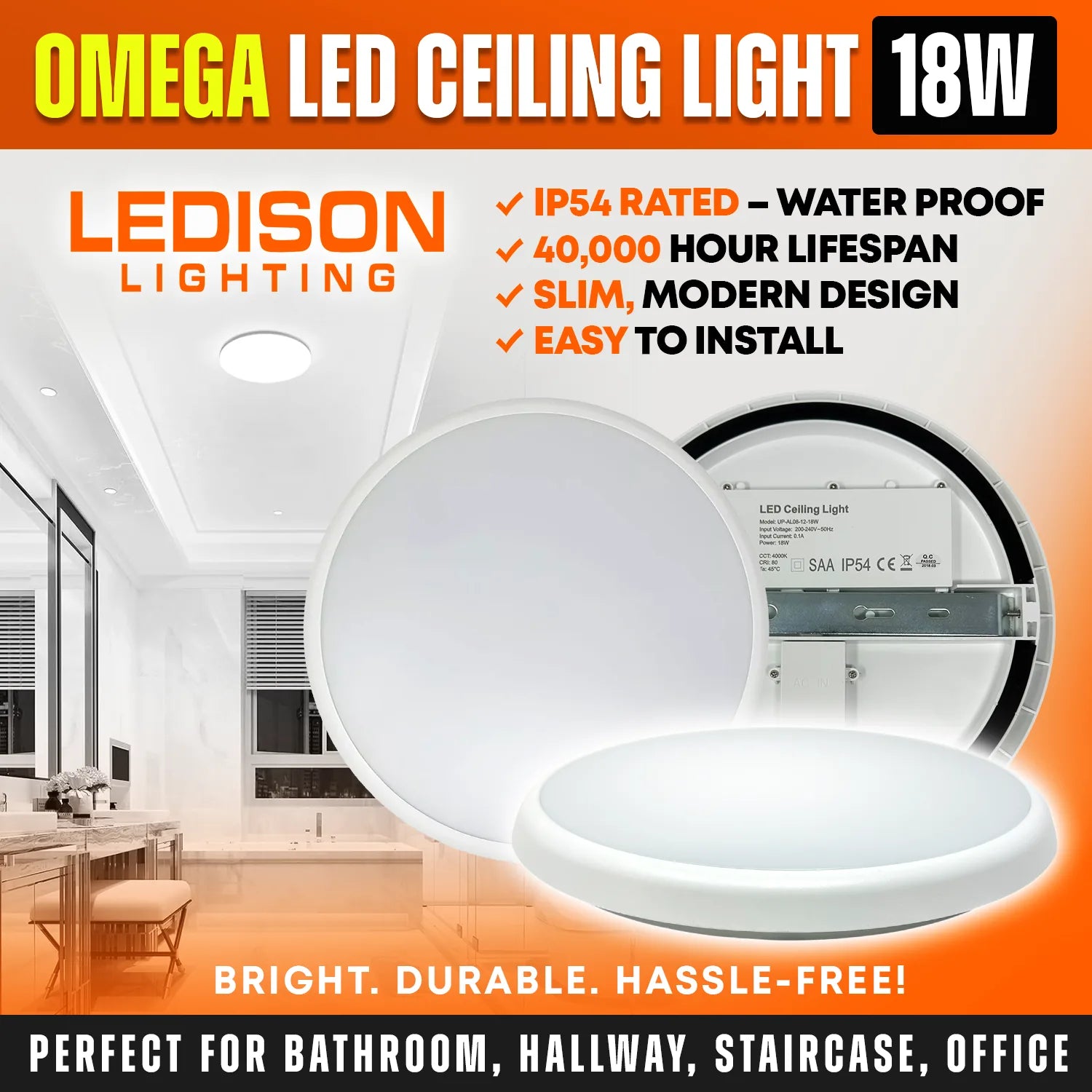 Omega 18W LED ceiling light product display showing front and back views with installation room setting and specifications.