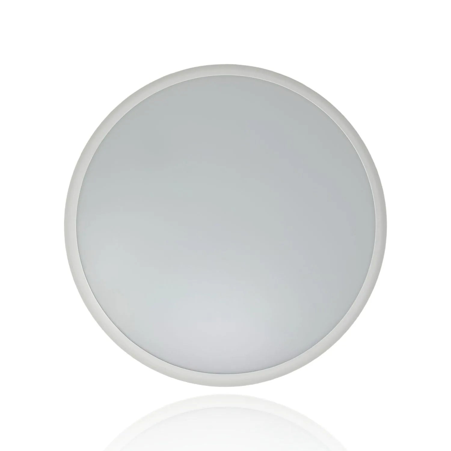Round white LED ceiling light with frosted diffuser, shown against white background with shadow reflection.