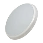 White round LED ceiling light with frosted diffuser and white rim, tilted view showing product alone against white background