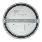 Rear view of round LED ceiling light showing specifications label, mounting bracket, and AC inlet connector.