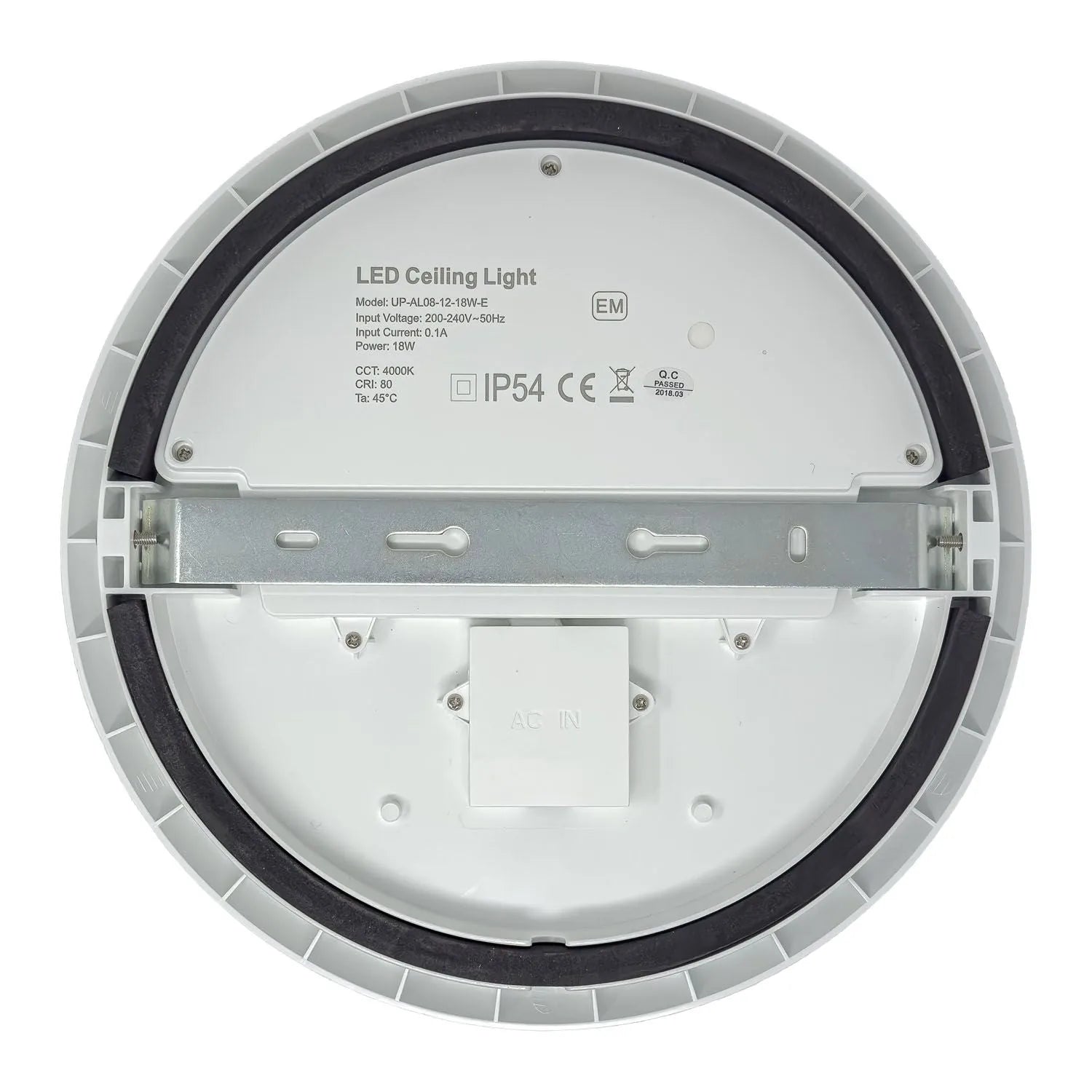 Rear view of round LED ceiling light showing specifications label, mounting bracket, and AC inlet connector.