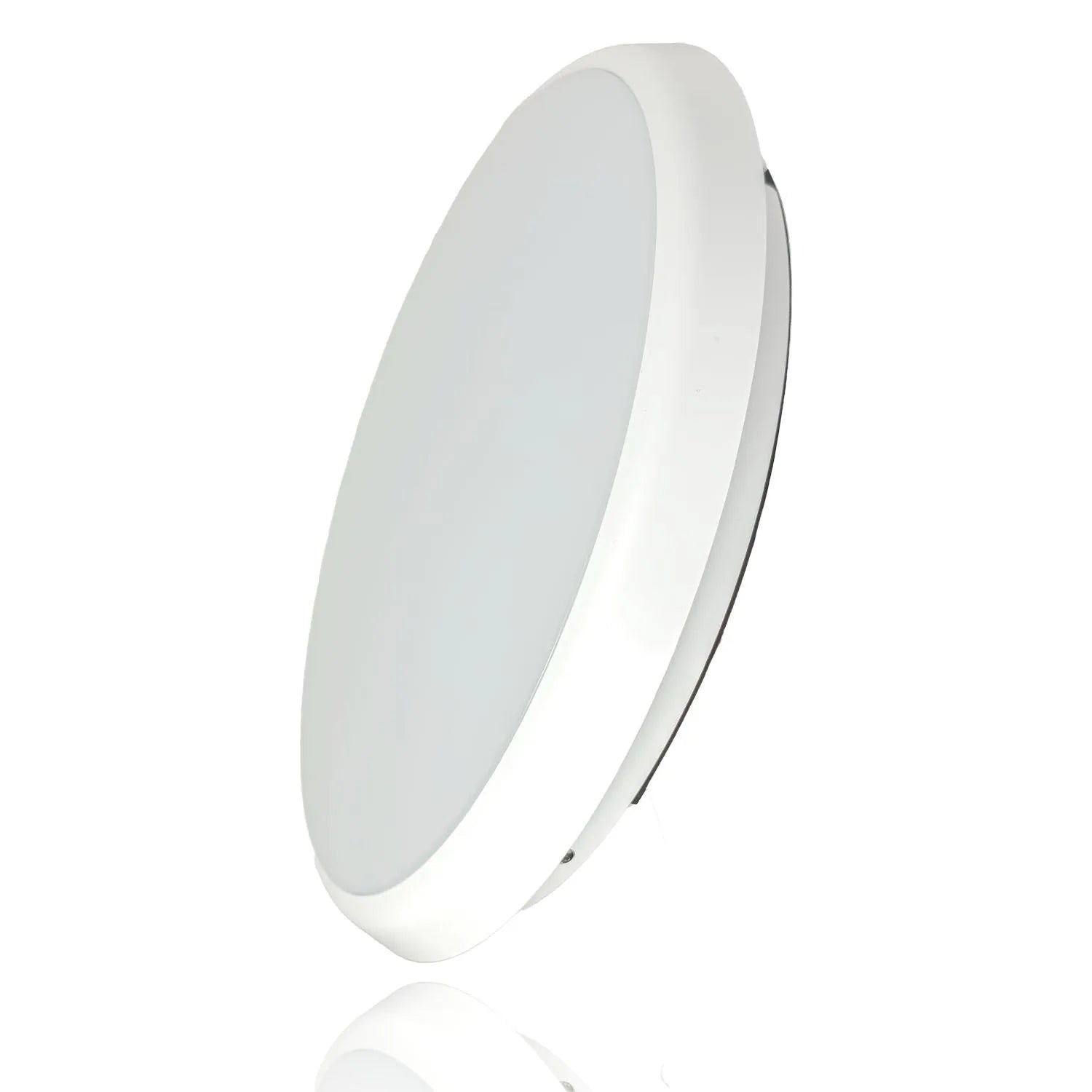 White circular LED ceiling light fixture with frosted diffuser, shown against white background with reflection.