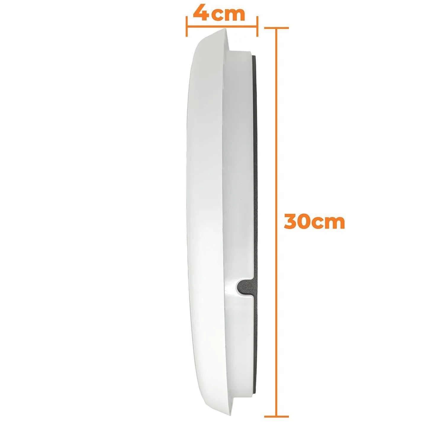 White curved LED ceiling light with dimensions showing 4cm width and 30cm height, side profile view with measurements.