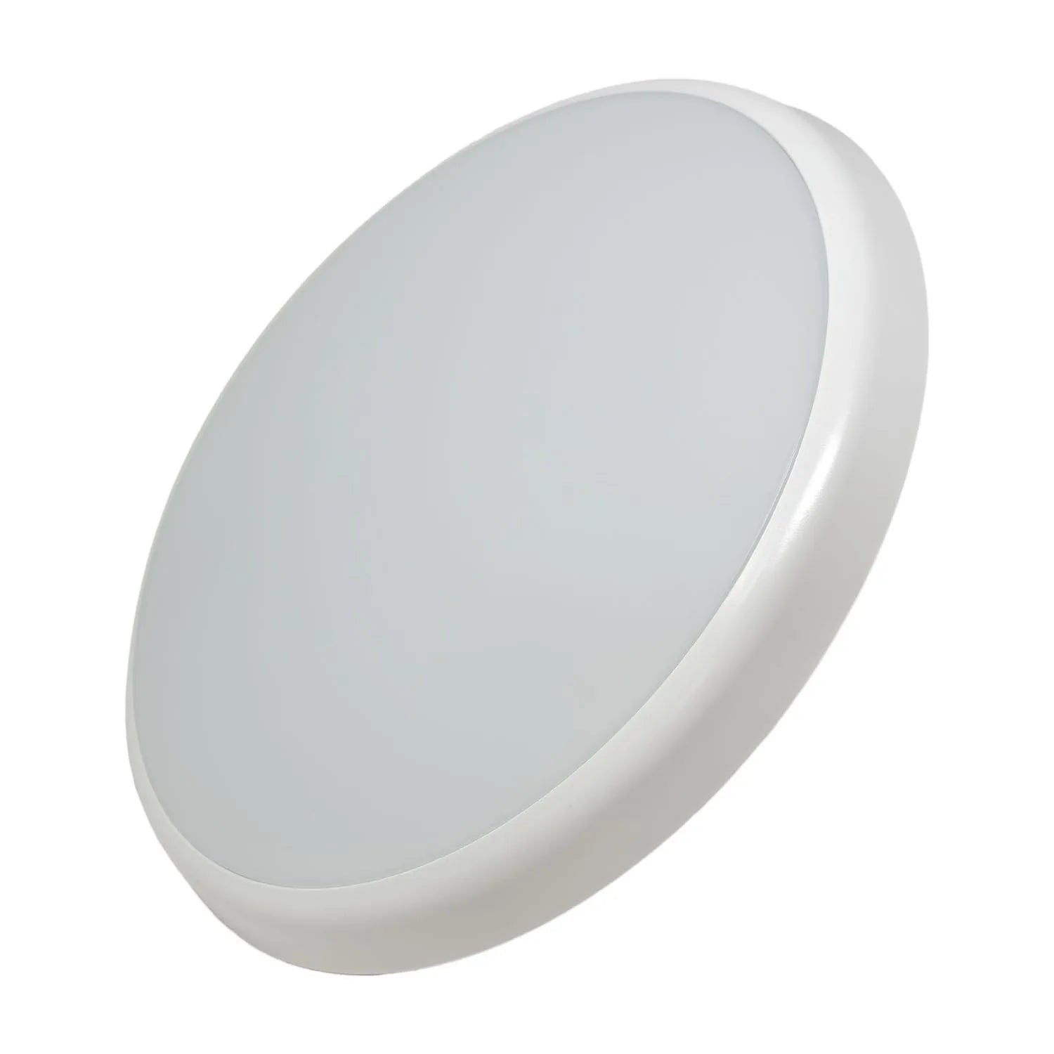 White round LED ceiling light with frosted diffuser, tilted view showing recessed trim ring and modern minimalist design.