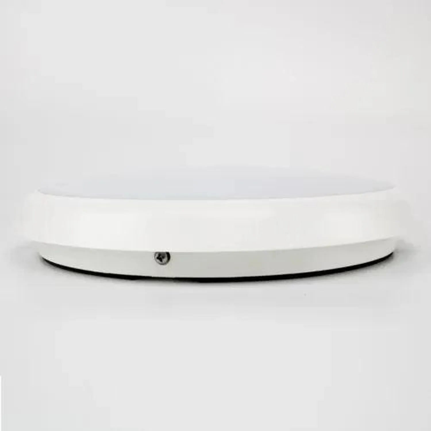 White curved LED ceiling fitting with black trim and mounting screw visible against plain background.
