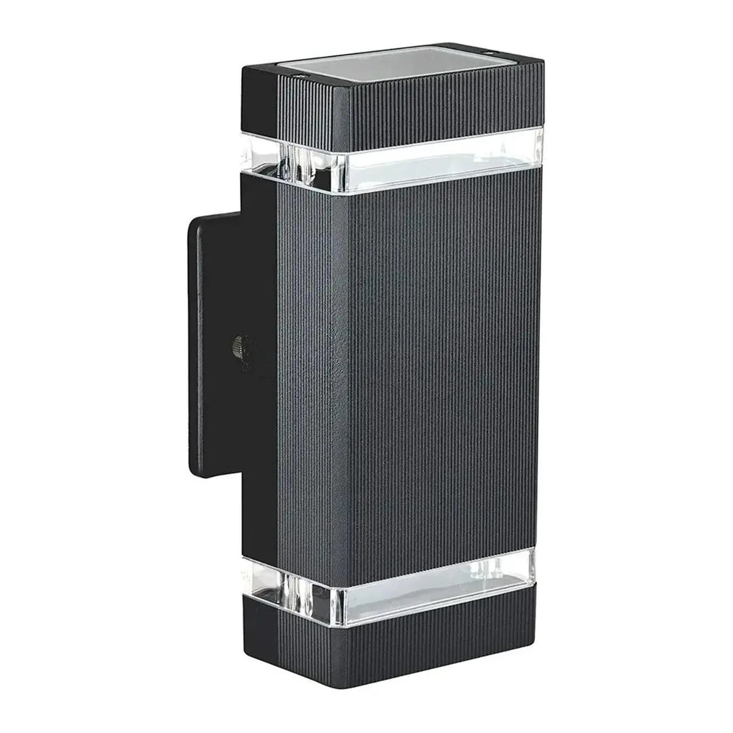 Black rectangular LED wall light with ribbed texture, clear glass panels, and upward-downward lighting design, isolated on wh
