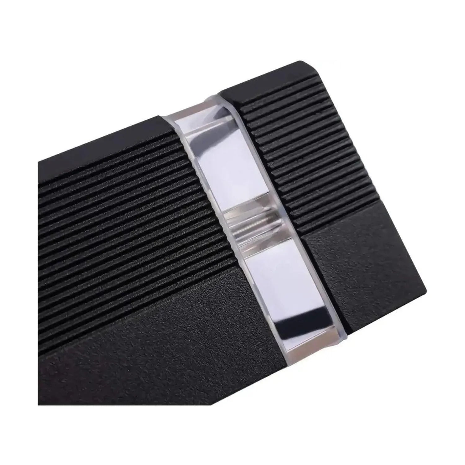 Black ribbed LED wall light with clear acrylic center band, shown at angle against white background.
