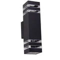 Black rectangular LED wall sconce with clear accent panels and dual light openings, product shot on white background.