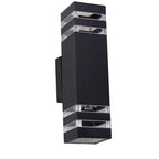 Black rectangular LED wall sconce with clear accent panels and dual light openings, product shot on white background.
