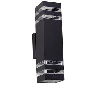 Black rectangular LED wall sconce with clear accent panels and dual light openings, product shot on white background.