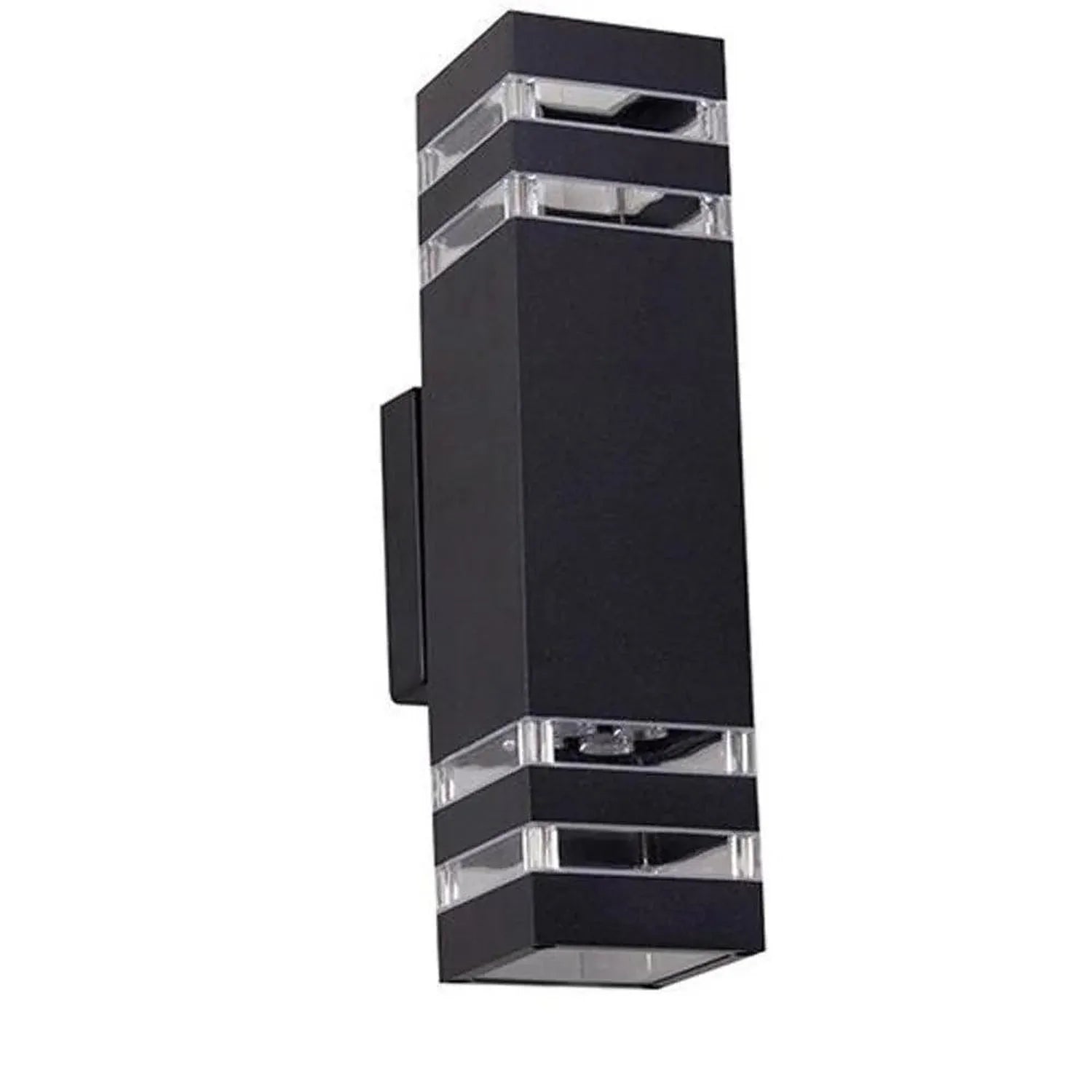 Black rectangular LED wall sconce with clear accent panels and dual light openings, product shot on white background.