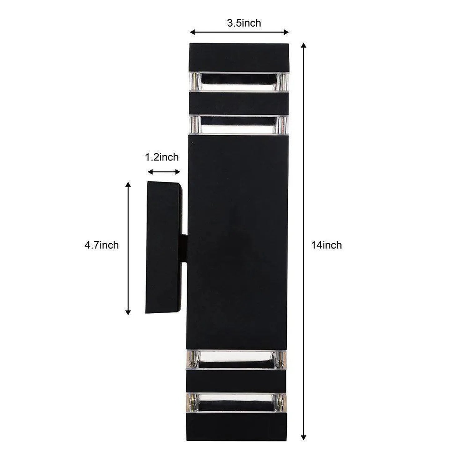 Dimension diagram of black rectangular LED wall light showing 14-inch height, 3.5-inch width, and 1.2-inch depth with mountin