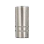 Brushed stainless steel cylindrical wall lamp with two horizontal band details, shown against white background.