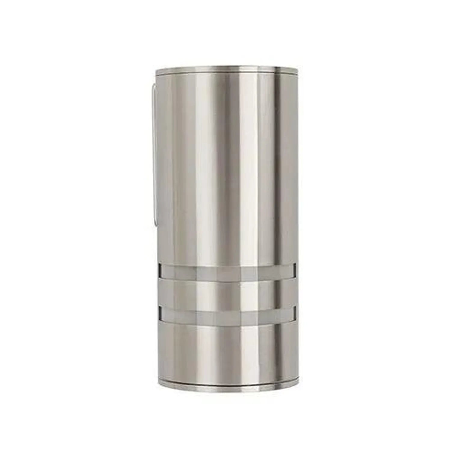 Brushed stainless steel cylindrical wall lamp with two horizontal band details, shown against white background.