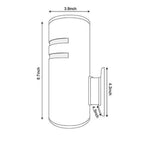 Dimension diagram of cylindrical wall lamp showing 3.9 inch width, 8.7 inch height, with separate mounting bracket detail of 
