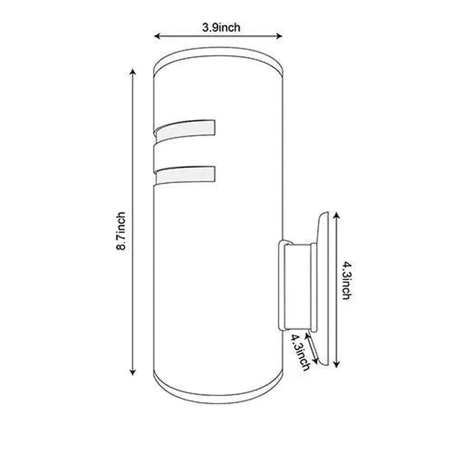 Dimension diagram of cylindrical wall lamp showing 3.9 inch width, 8.7 inch height, with separate mounting bracket detail of 