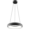 Black round LED pendant light with suspended cables against white background, product display shot