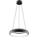 Black round LED pendant light with suspended cables against white background, product display shot