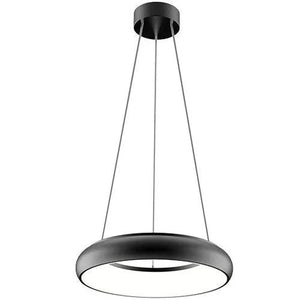 Black round LED pendant light with suspended cables against white background, product display shot