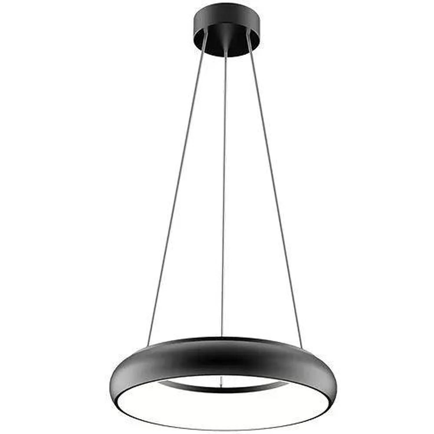 Black round LED pendant light with suspended cables against white background, product display shot