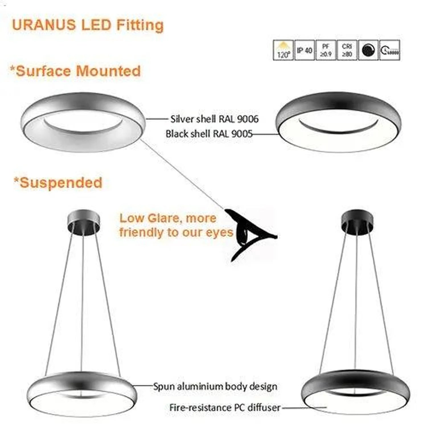 Uranus LED pendant light fixture shown in surface-mounted and suspended styles with silver and black shell options, featuring