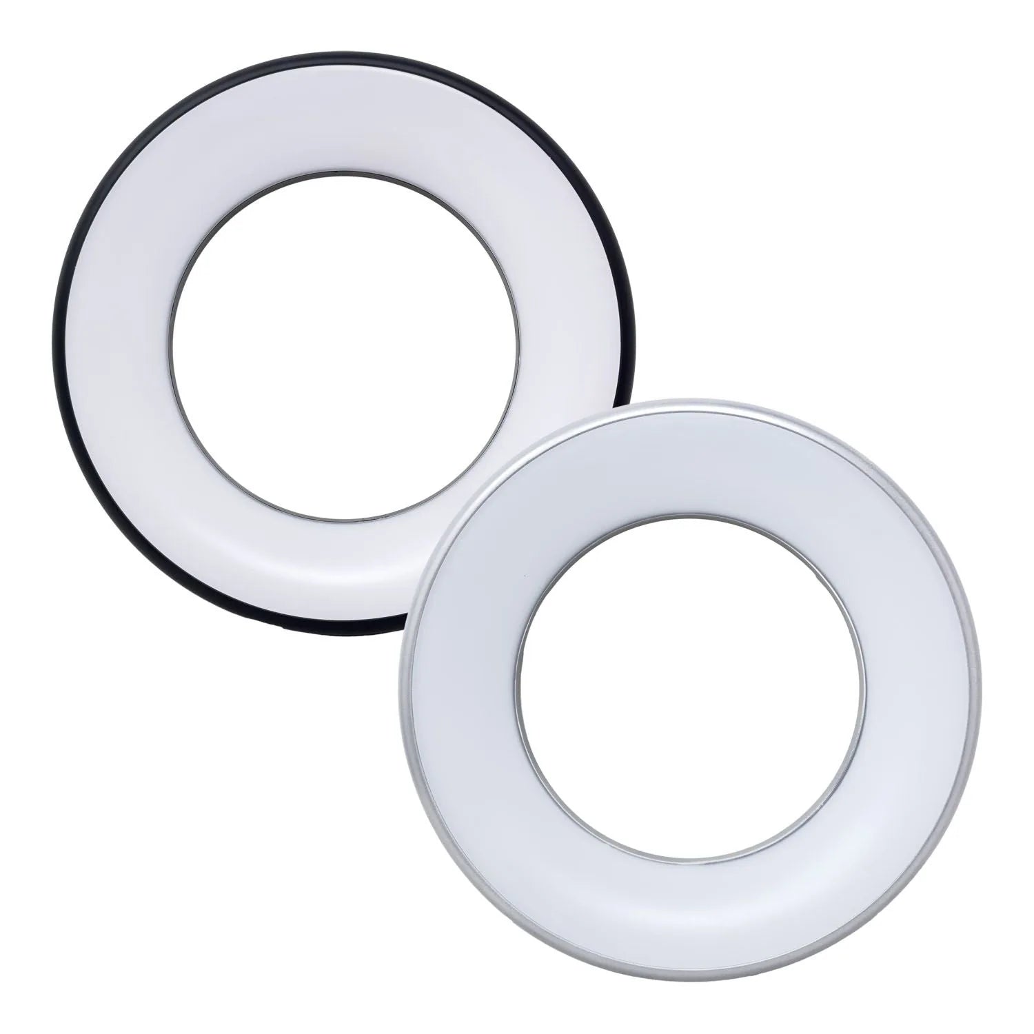 Two circular LED ceiling light trim rings, one with black outer rim and one with white rim, shown against white background.