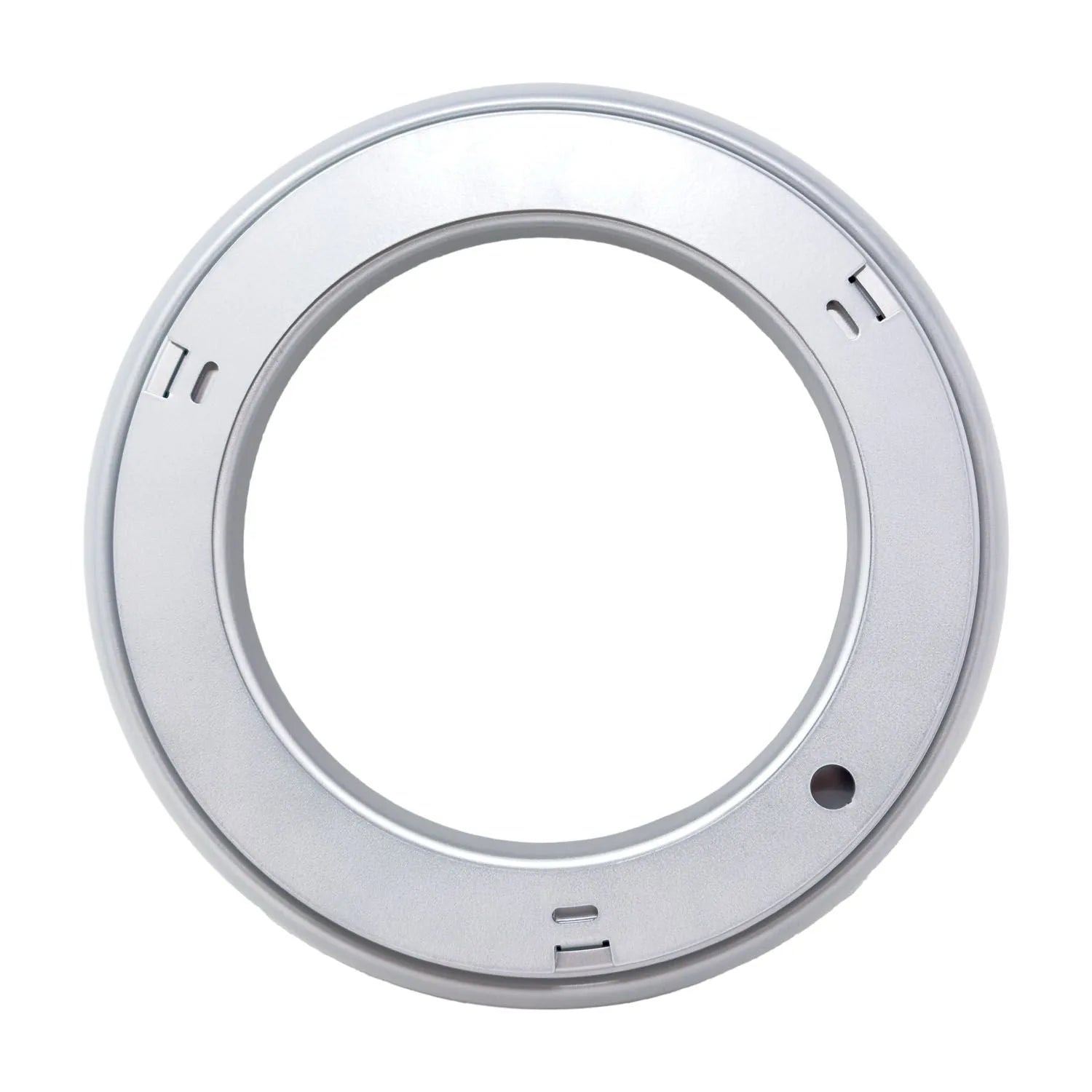 Silver circular LED ceiling light fixture with mounting ring and ventilation slots, front view.