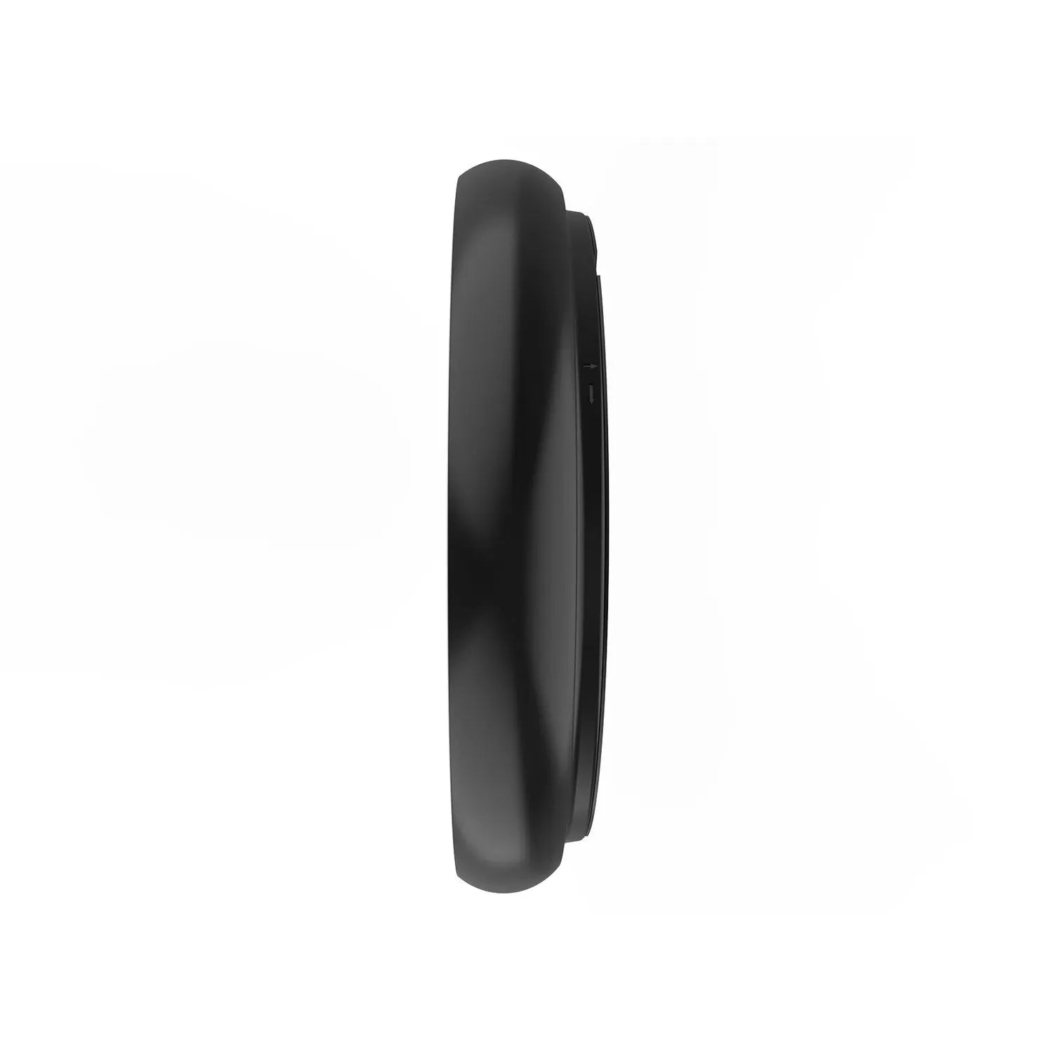 Black cylindrical LED ceiling light shown from the side view, displaying its sleek rounded form and compact profile.