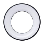 Circular LED ceiling light with white diffuser and black trim ring, viewed straight on against white background.