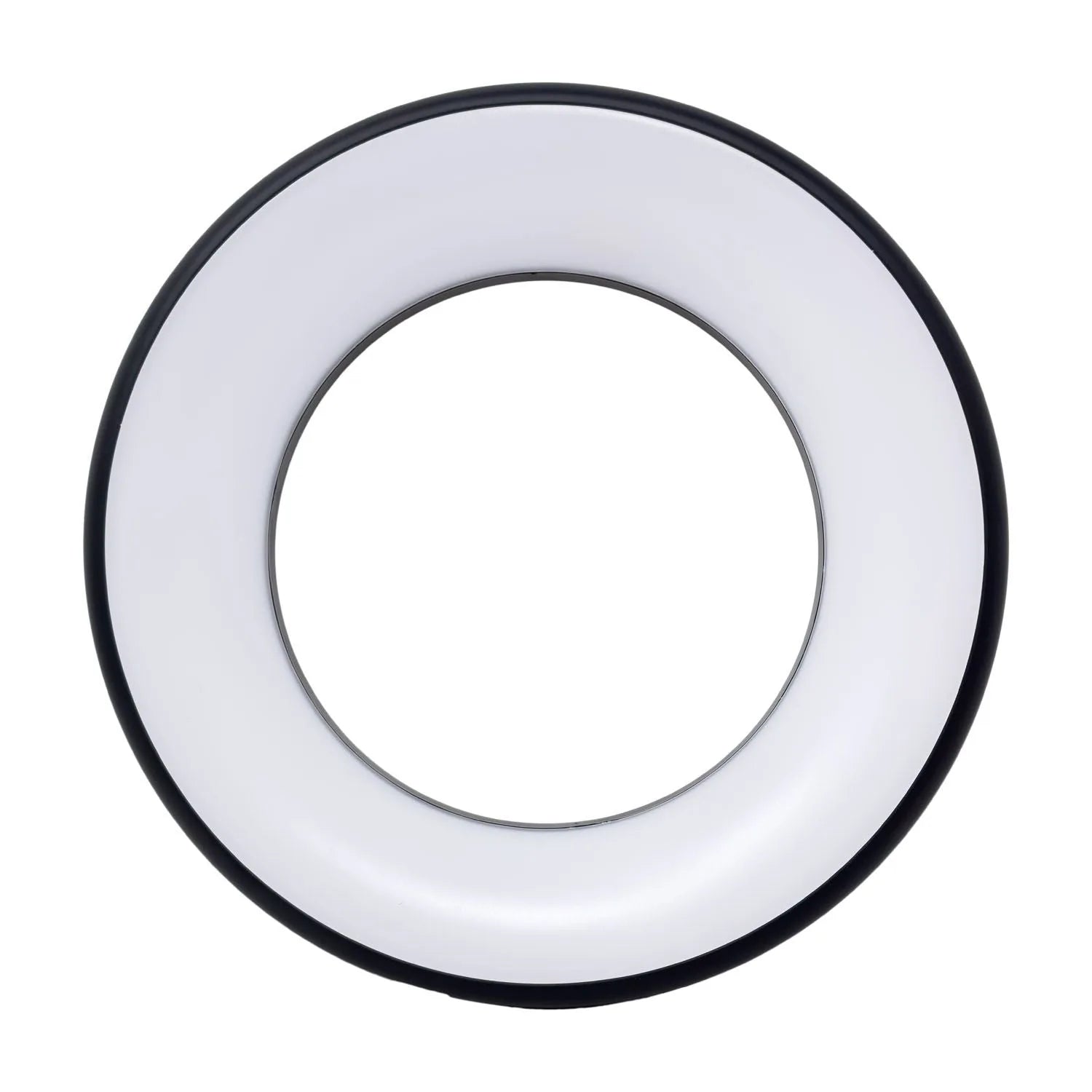 Circular LED ceiling light with white diffuser and black trim ring, viewed straight on against white background.