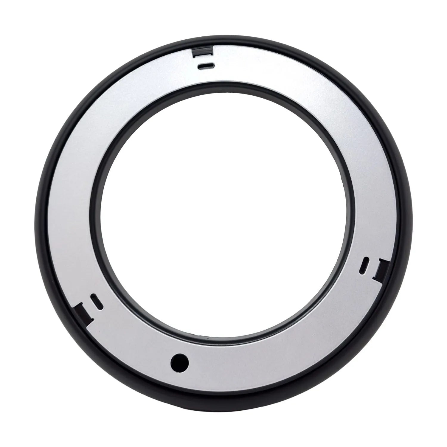Black and silver circular LED ceiling light fixture with mounting hardware visible against white background.