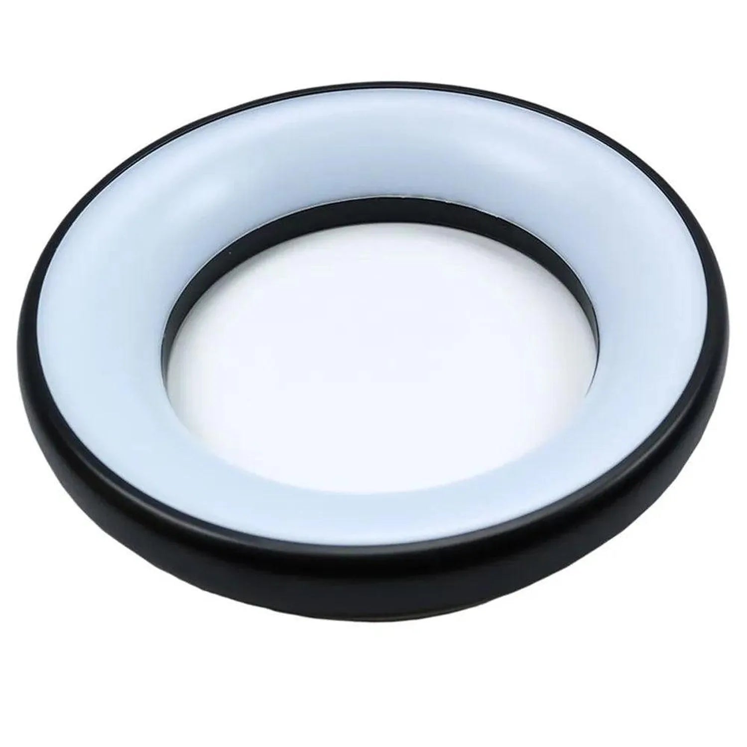 Black and white round LED ceiling light fixture with recessed mounting ring and frosted diffuser.
