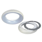 Disassembled circular LED ceiling light showing white trim ring, blue-grey reflector bowl, and mounting hardware components.