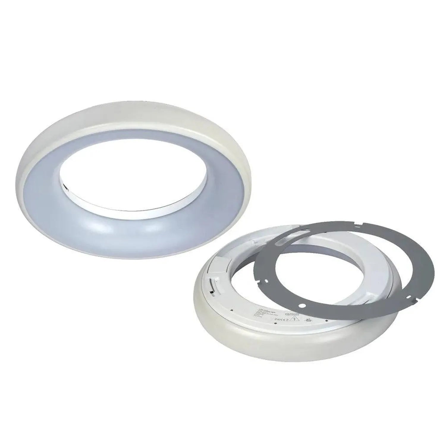 Disassembled circular LED ceiling light showing white trim ring, blue-grey reflector bowl, and mounting hardware components.