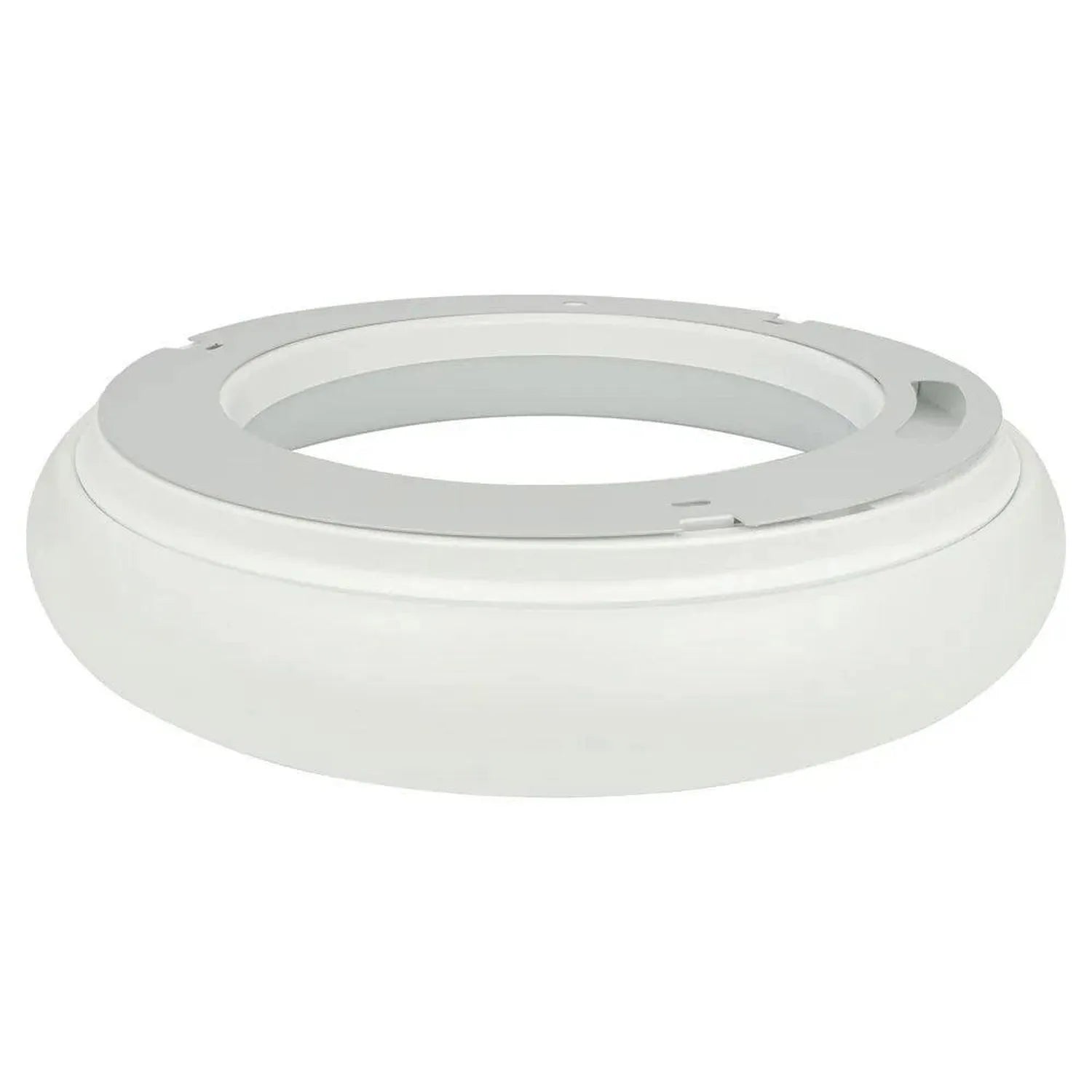 White circular LED ceiling light fixture with recessed ring detail, product view.
