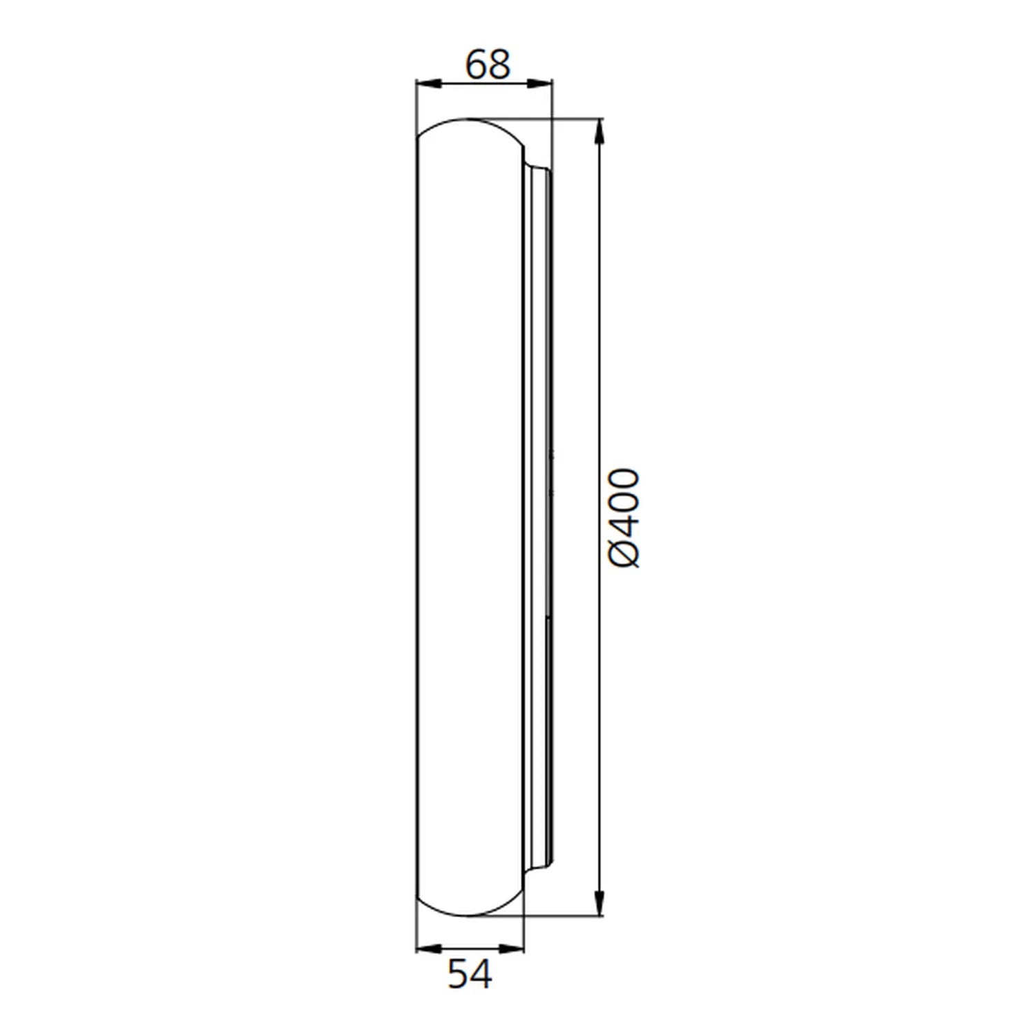 Technical dimension diagram of cylindrical LED ceiling light showing width 68mm, depth 54mm, height 400mm.