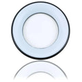 Circular LED ceiling light with grey and black trim ring, shown from front view with reflection below.